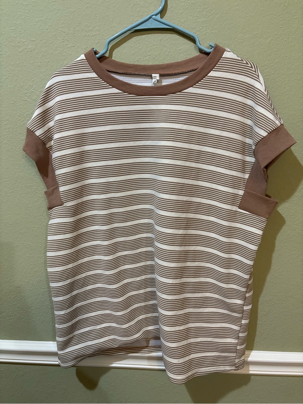 Amazon Short Sleeve Striped Knit Top in Brown and Cream